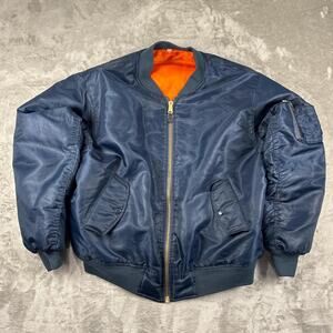 Vtg 80s MA-1 Satin Flight Pilot Aviator Bomber Jacket Mens Blue Orange XL